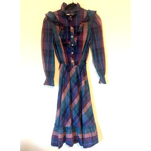 Vtg Miss Susan Small Dress Small Fit & Flare Purple Plaid Prairie Boho